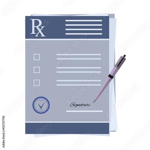 Rx pad template. Blank Rx prescription form. Isolated medical paper document for design. Doctor's prescription signing process.   Notebook page with signature, stamp and pen. Vector illustration.