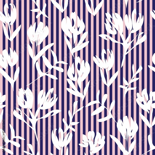 Pink Navy Botanical Floral Seamless Pattern with striped Background