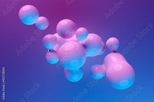 3d illustration of a neon metaball with a huge number of parts on a blue background. Digital metaball background of flying overflowing into each other shiny spheres.