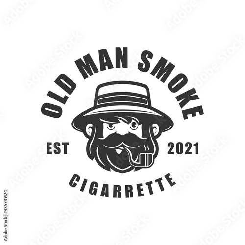 old man smoke cigarette with pipe. logo vintage.