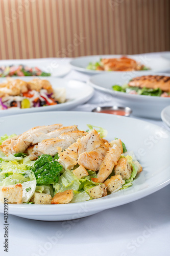 A view of several salad plates, featuring chicken Caesar.