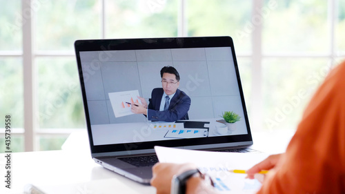 Video conference, Work from home, Businessman making video call to employee with virtual web, Contacting manager by conference on laptop computer at home