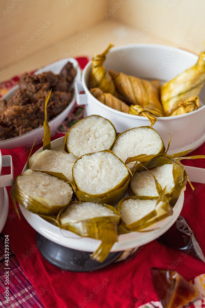 Traditional Malay Food and cookies during Ramadan and Eid Mubarak. Hari Raya Aidilfitri. Ketupat, rendang, lemang, dodol, biskut.