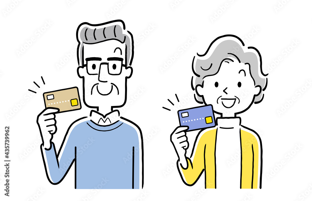 ベクターイラスト素材：クレジットカードを持つシニア世代の男性と女性、夫婦
