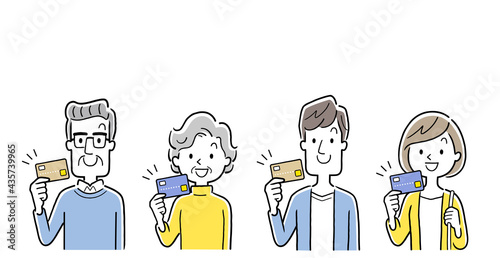 ベクターイラスト素材：クレジットカードを持つ若い世代とシニア世代

