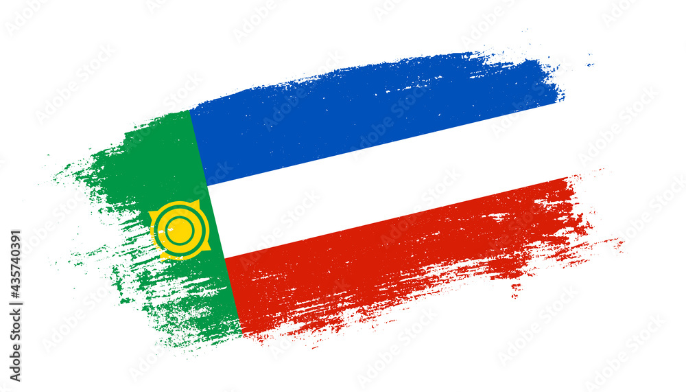 Obraz premium Flag of Khakassia country on brush paint stroke trail view. Elegant texture of national country flag