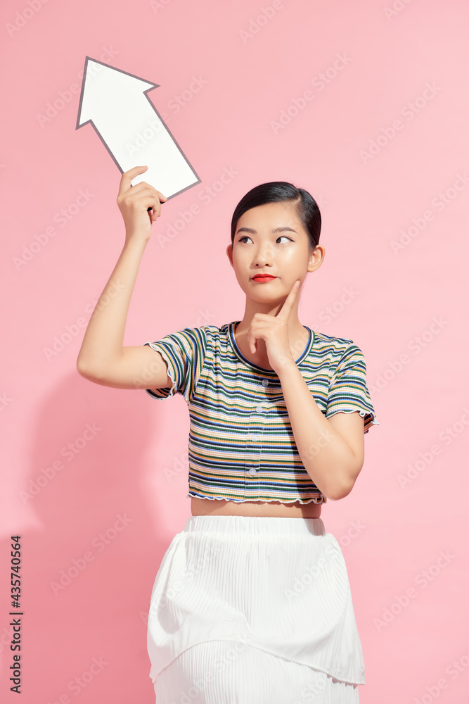 picture of happy woman with direction arrow sign picture of happy woman with direction arrow sign