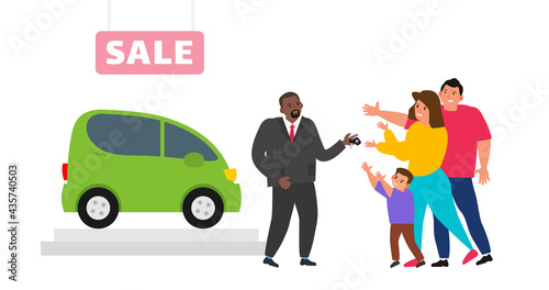 family buy or rent  car seller man dealer with keys vector illustration