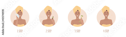 Facial massage steps. Woman do cosmetic spa procedures for face with jade nephrite roller. Morning routine. Bath time. Skin care concept. Organic products. Vector illustration in flat cartoon style.
