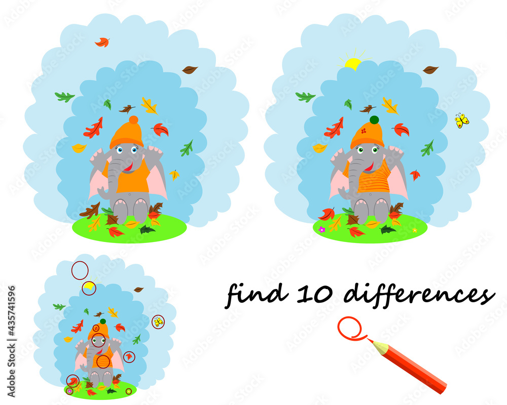 Obraz premium find the difference, a cartoon elephant stands under an umbrella. a game for children. vector i