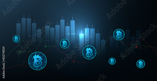 Financial growth and Investing Cryptocurrency trading.Modern digital money sign illustration. Cryptocurrency trading. bitcoin trading market data chart. Bitcoin  Logo and defocused chart background. 