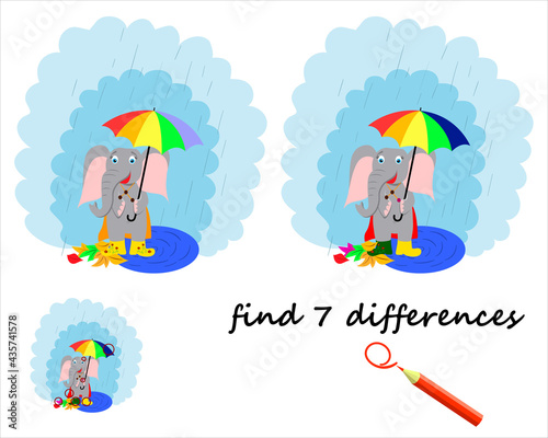 find the difference, a cartoon elephant stands under an umbrella. a game for children. vector