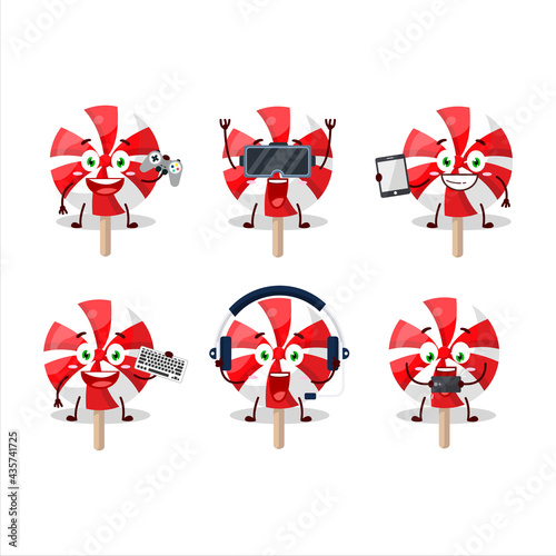 Red white peppermint lolipop cartoon character are playing games with various cute emoticons