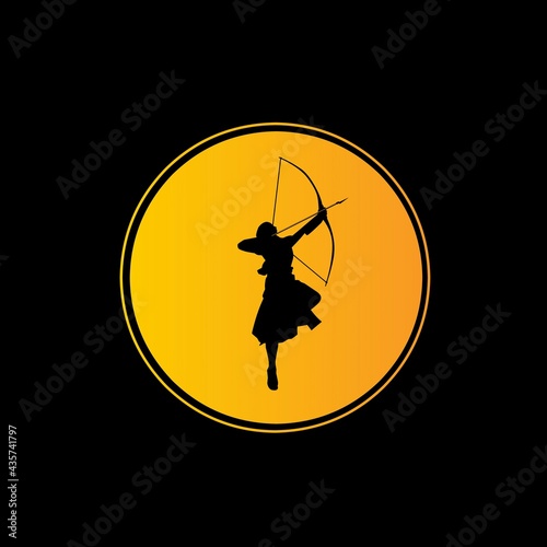Women archer with Bow Longbow Arrow at moon , Muscular Myth Greek Archer Warrior Silhouette Logo design. 