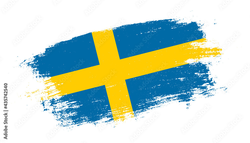 Flag of Sweden country on brush paint stroke trail view. Elegant texture of national country flag