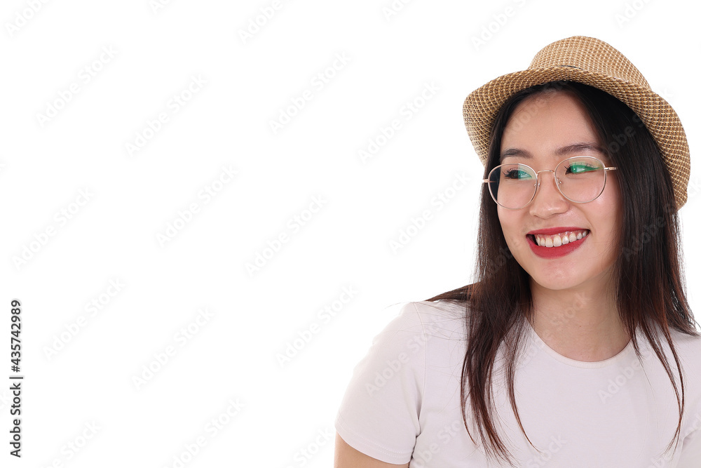 Beautiful young south east Asian woman wearing eyewear golden frame glasses hat pose fashion style white background look around copy text space Beautiful young south east Asian woman wearing eyewear golden frame glasses hat pose fashion style white background look around copy text space