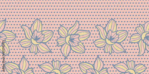 Vector pink flowers dots border seamless pattern