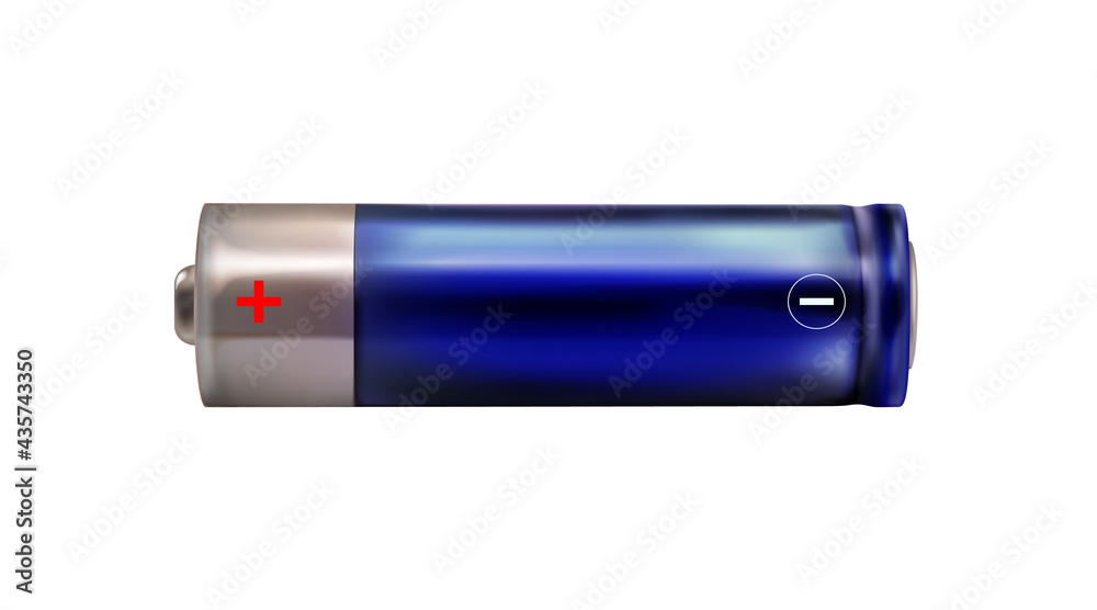 Blue realistic battery icon isolated on white background. Alkaline type AA. Blank object, 3D mockup. Vector illustration. Blue realistic battery icon isolated on white background. Alkaline type AA. Blank object, 3D mockup. Vector illustration.
