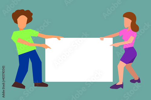 The vector template illustrator picture of a man and a woman hold the white board sign together.