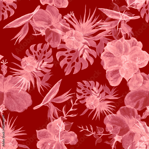 Scarlet Hibiscus Leaf. Coral Flower Wallpaper. Pink Seamless Foliage. Red Watercolor Design. Pattern Leaf. Tropical Design. Exotic Textile.Nature Texture.
