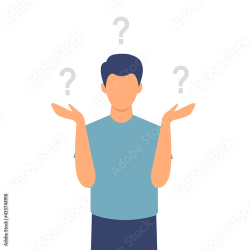 Male characters with question marks solve problems or find solutions. The man who was confused. The concept of frequently asked questions.