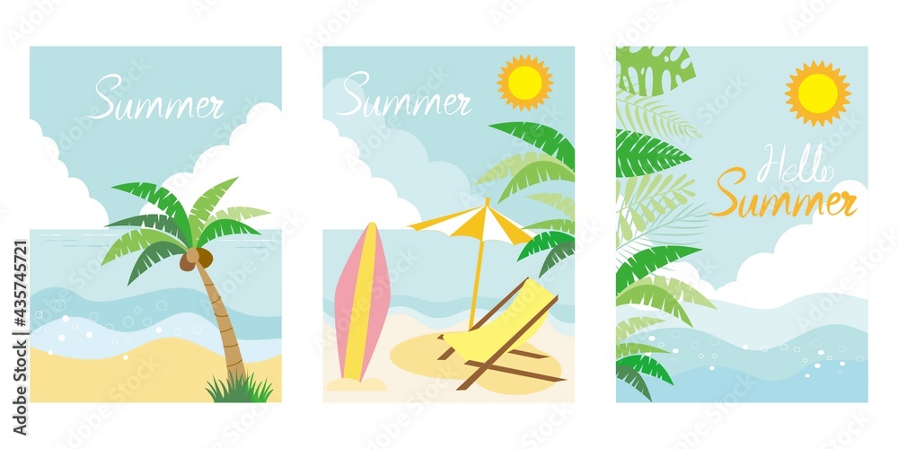 Summer Vacation concept vector template. Summer Beach, Sky, Surfing, Tropical leaves illustration. Summer greeting cards, frames, templates and banner. 