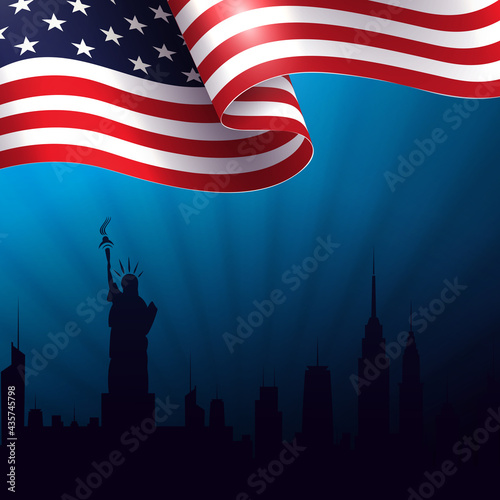 Blue composition with silhouette of waving USA flag, silhouette of buildings, bright rays of light.