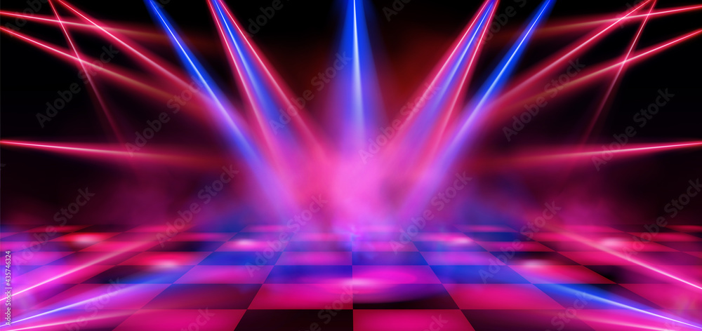 Dance floor, empty night club stage illuminated with red and blue  spotlights. Checkered scene with laser beams, lamps and swirling smoke,  disco dancing area interior, Realistic 3d vector illustration Stock Vector