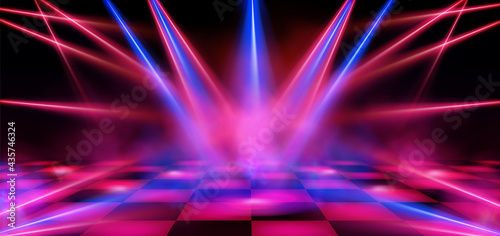Dance floor, empty night club stage illuminated with red and blue spotlights. Checkered scene with laser beams, lamps and swirling smoke, disco dancing area interior, Realistic 3d vector illustration