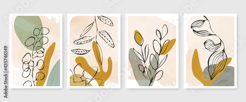 Modern Trendy Cards Set with Line Art Botanical Elements. Abstract Banners Collection Boho Style. Trendy Minimalist Poster with Florals Line Art Design. Minimal Abstract Background. Vector EPS 10.
