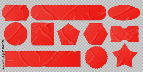 Red glued stickers or crumpled paper patches mockup. Blank shrunken labels of different shapes round, square, star, stripe and rectangle wrinkled emblems with curve edges, Realistic 3d vector set