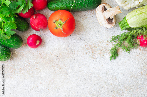 healthy food fresh vegetables harvest fruits organic veggie wholesome on the table healthy food meal copy space background rustic. top view vegan or vegetarian food