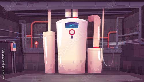 Boiler room, hvac with water heater, pipes and sensors on wall. Modern home household central system equipment for heating, ventilation and air conditioning climate control Cartoon vector illustration
