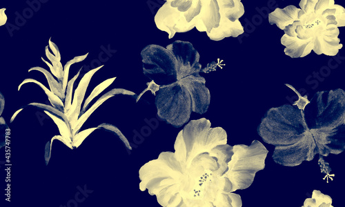 Fototapeta Naklejka Na Ścianę i Meble -  Navy Hibiscus Leaves. Blue Flower Garden. Azure Seamless Background. Indigo Watercolor Illustration. Pattern Textile. Tropical Garden. Exotic Textile. Art Set.
