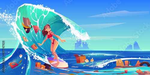 Pollution sea by plastic trash and garbage. Surfer girl swim in dirty water. Vector cartoon landscape of ocean with woman riding on surf board and floating waste, bottles, boxes and bags