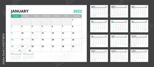 2022 calendar planner set for template corporate design week start on Sunday.