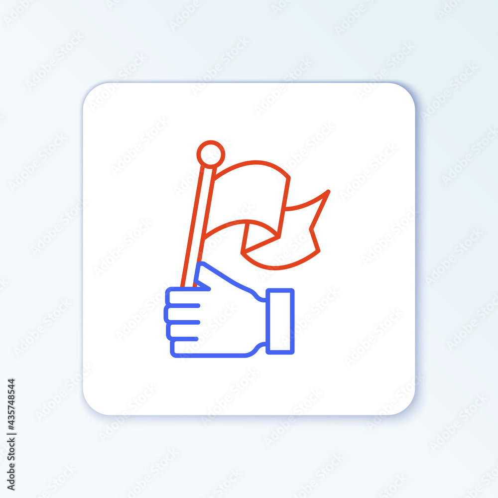 Line Hand holding flag icon isolated on white background. Victory, winning and conquer adversity concept. Colorful outline concept. Vector Line Hand holding flag icon isolated on white background. Victory, winning and conquer adversity concept. Colorful outline concept. Vector