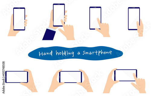 スマートフォンを操作する手のイラストセット　男性　フラットデザイン　Hand holding smartphone