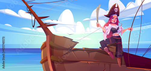 Girl pirate with sword on ship deck. Female captain with red hair, wooden leg and hat with skull sign. Vector cartoon sea landscape with pretty woman in buccaneer costume on boat