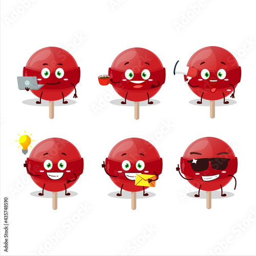 Red lolipop cartoon character with various types of business emoticons
