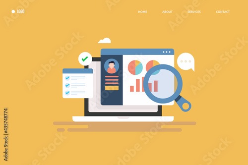 CRM - customer relation management software application, customer data analysis, business communication, company strategy.  CRM vector illustration. photo