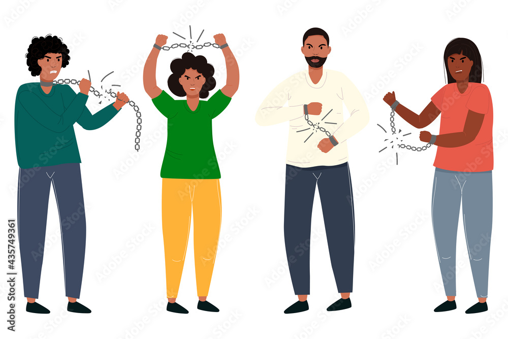 Young boys and girls are breaking the chains. The black man is freed from bondage. Freedom. Juneteenth. Vector illustration in a modern style. Seth. Young boys and girls are breaking the chains. The black man is freed from bondage. Freedom. Juneteenth. Vector illustration in a modern style. Seth.