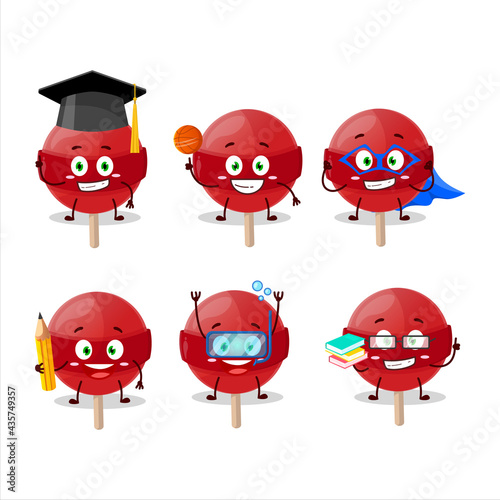School student of red lolipop cartoon character with various expressions
