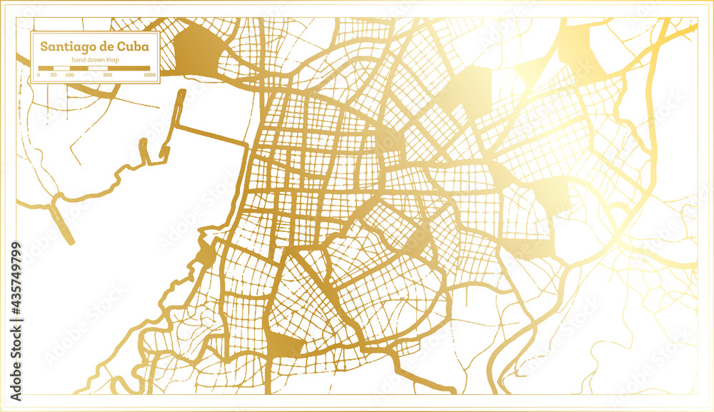 Obraz premium Santiago de Cuba Cuba City Map in Retro Style in Golden Color. Outline Map.