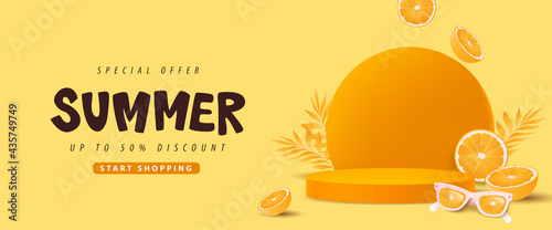 Colorful Summer sale banner with orange concept product display cylindrical shape 