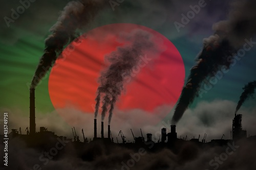 Dark pollution, fight against climate change concept - plant chimneys heavy smoke on Bangladesh flag background - industrial 3D illustration