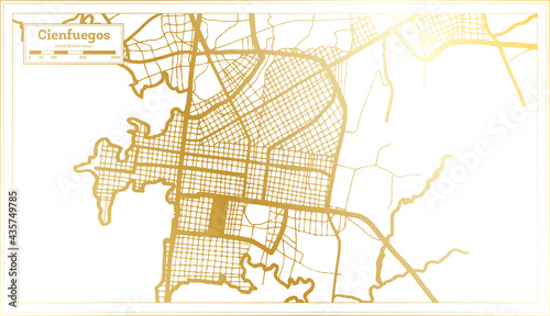Cienfuegos Cuba City Map in Retro Style in Golden Color. Outline Map.