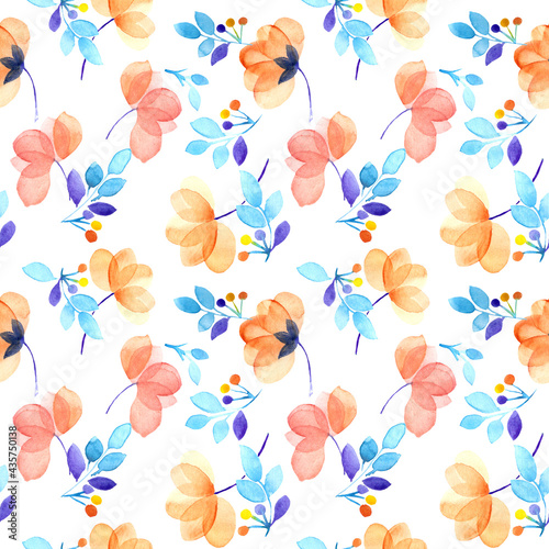 Abstract botanical watercolor repeating pattern with transparent layered flowers and twigs isolated on white background