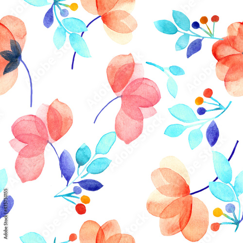 Abstract watercolor hand-drawn floral seamless pattern of transparent pink  red  orange flowers and blue twigs on white background