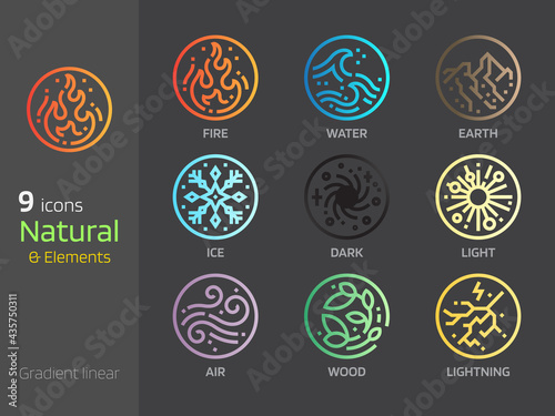Natural symbol concepts gradient linear style icon. Earth,water,wind,fire 4 elements sign. Mono line design in circle shape